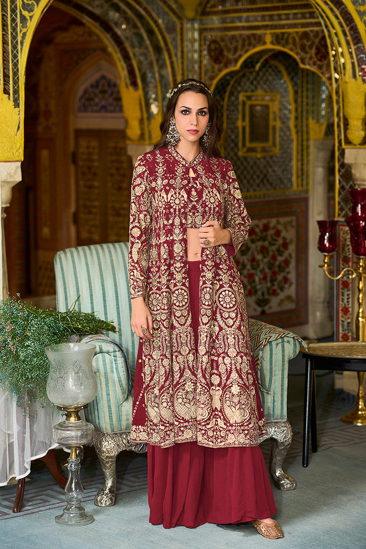 Maroon Georgette Embroidered Top with Sharara & Shrug