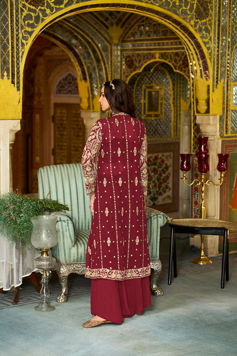 Maroon Georgette Embroidered Top with Sharara & Shrug