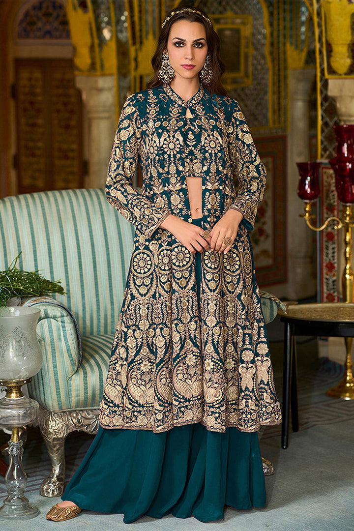 Teal Georgette Embroidered Top with Sharara & Shrug