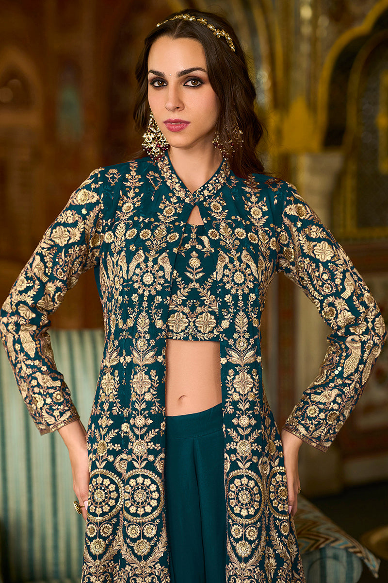 Teal Georgette Embroidered Top with Sharara & Shrug