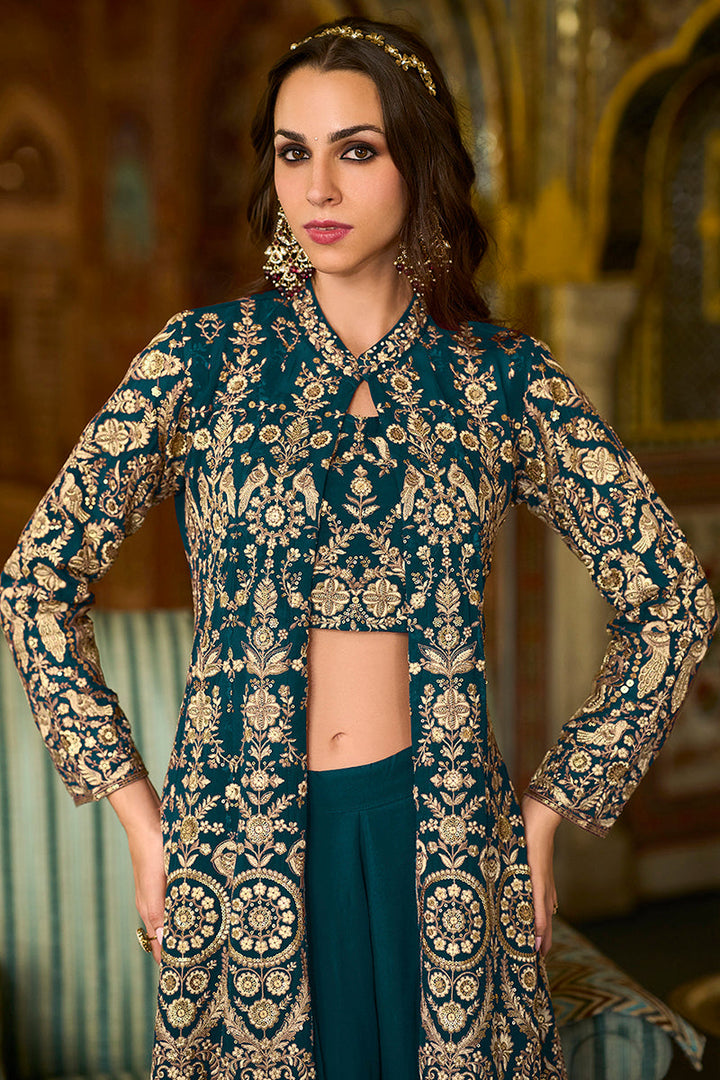Teal Georgette Embroidered Top with Sharara & Shrug