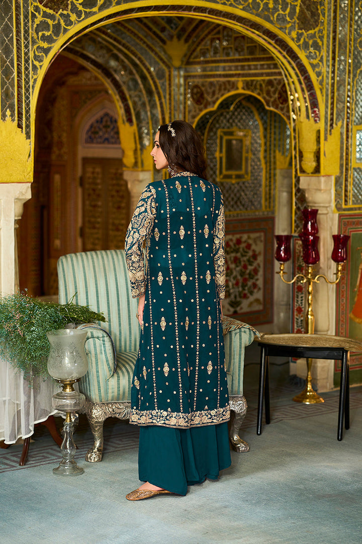 Teal Georgette Embroidered Top with Sharara & Shrug
