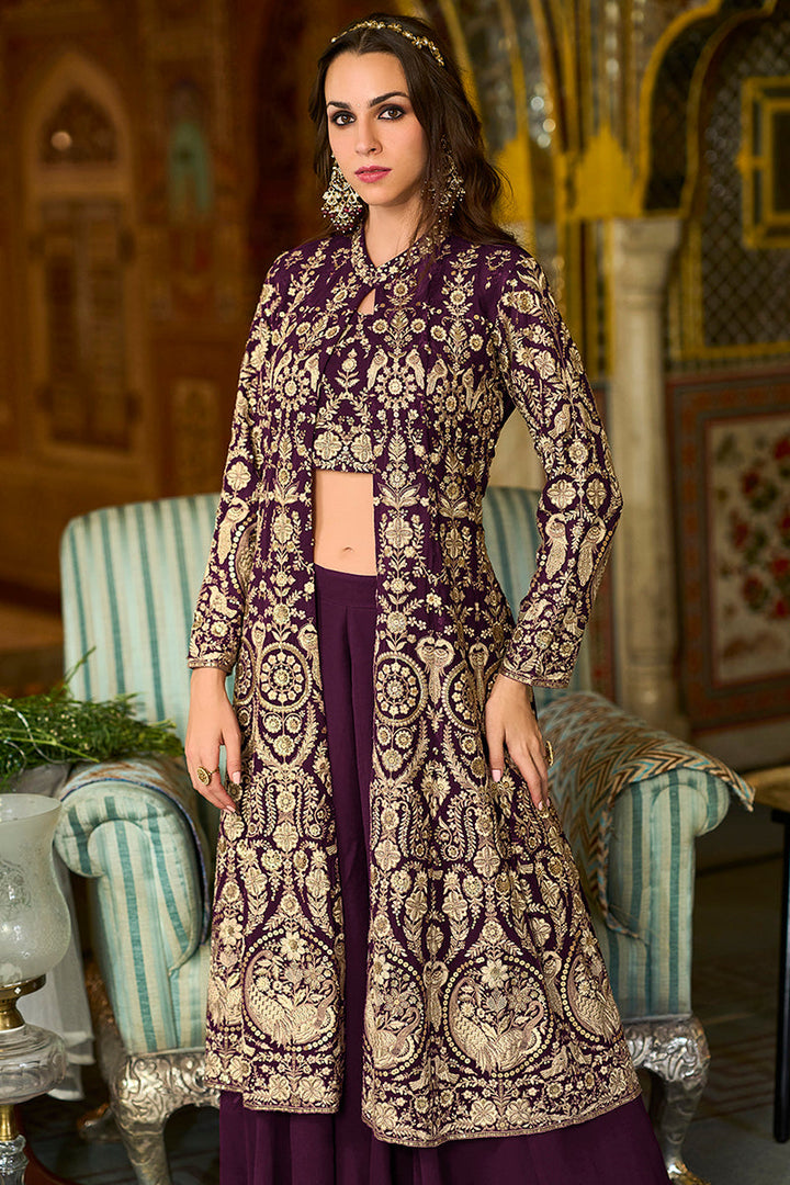 Purple Georgette Embroidered Top with Sharara & Shrug