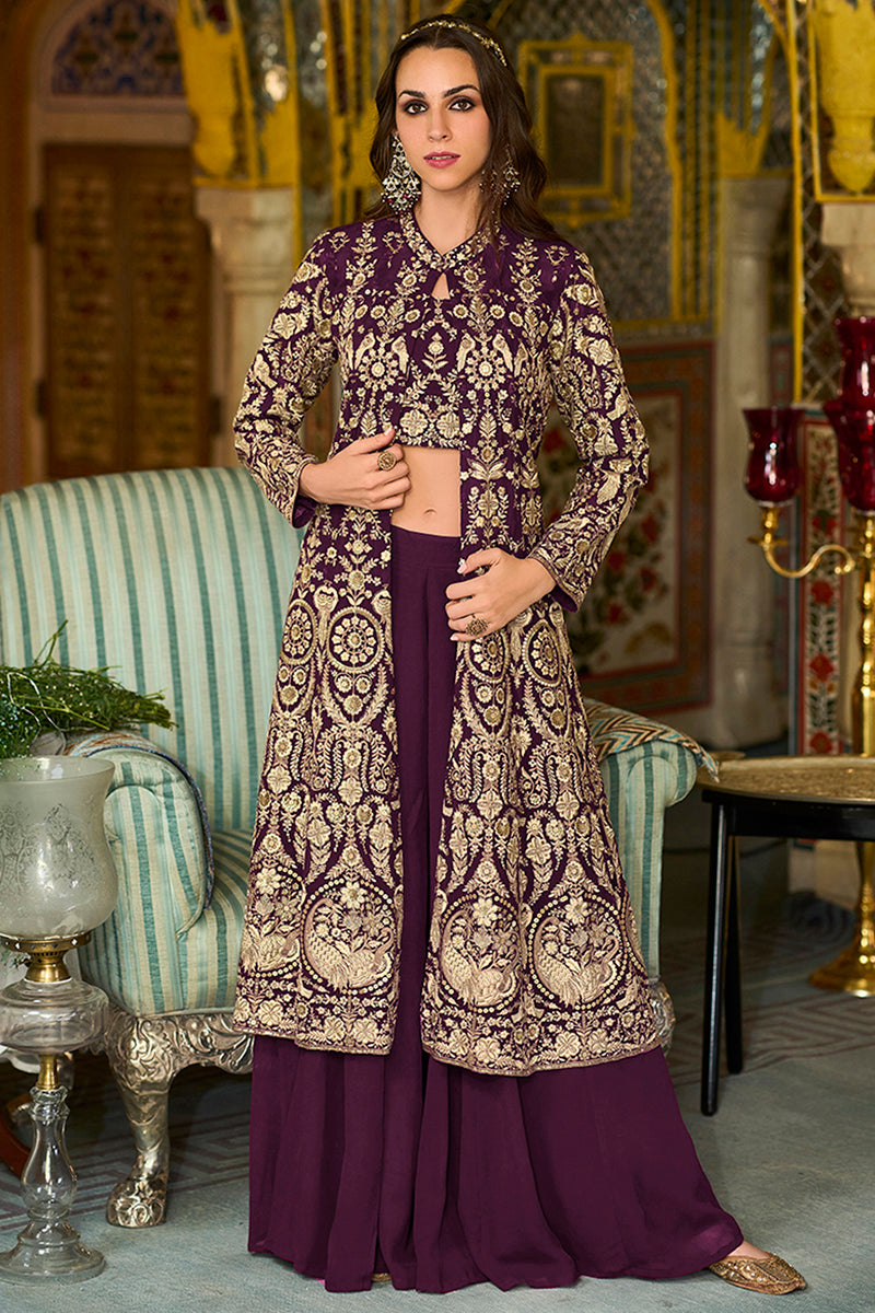 Purple Georgette Embroidered Top with Sharara & Shrug