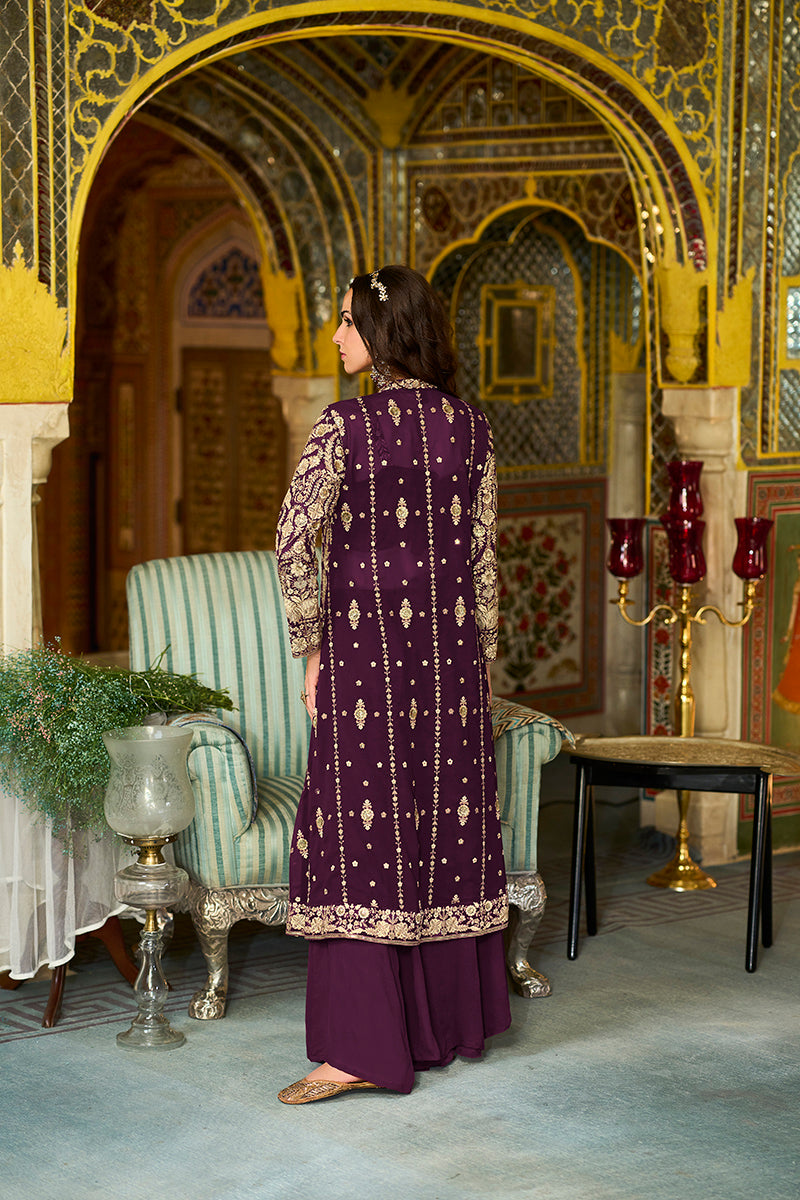 Purple Georgette Embroidered Top with Sharara & Shrug