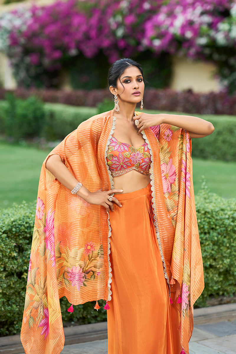 Orange Chinon Chiffon Embroidered Top with Skirt & Shrug