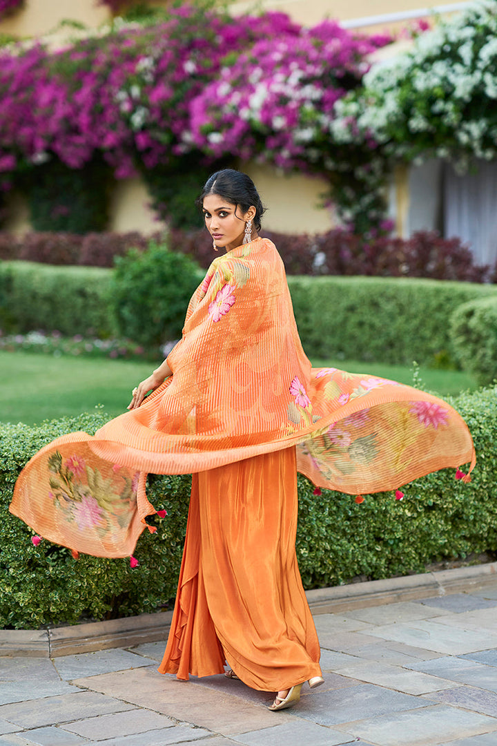 Orange Chinon Chiffon Embroidered Top with Skirt & Shrug