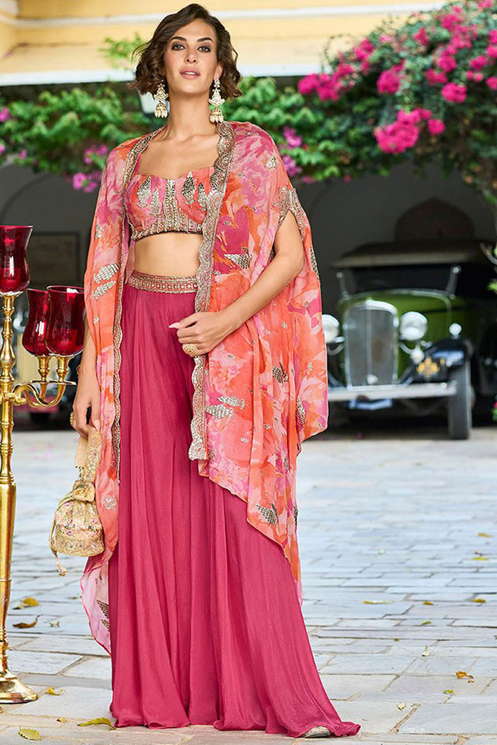 Pink Chinon Chiffon Embroidered Top with Skirt & Shrug