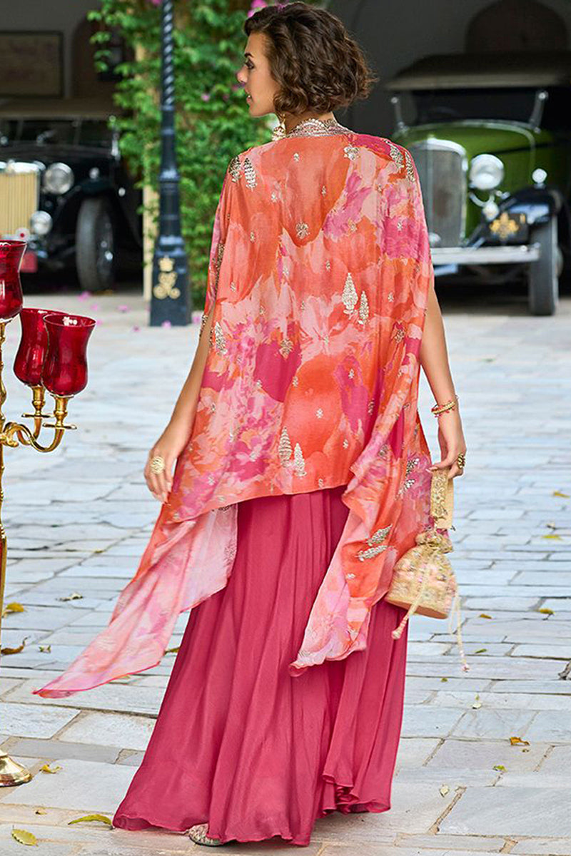 Pink Chinon Chiffon Embroidered Top with Skirt & Shrug