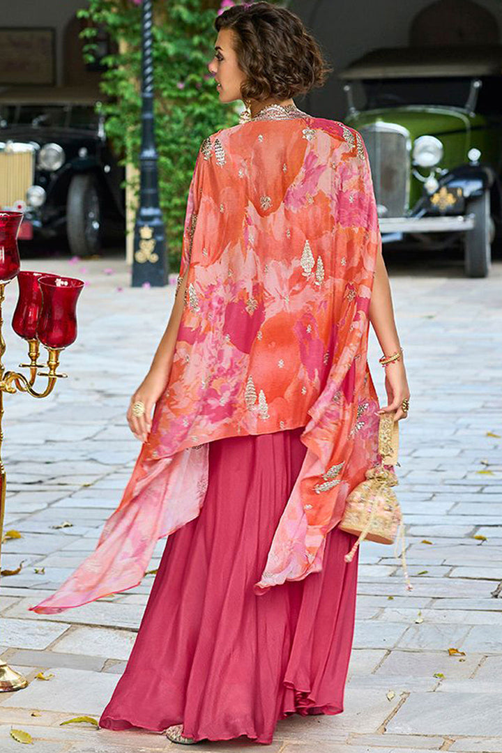 Pink Chinon Chiffon Embroidered Top with Skirt & Shrug