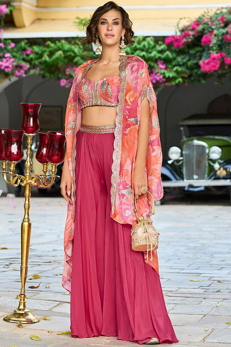 Pink Chinon Chiffon Embroidered Top with Skirt & Shrug