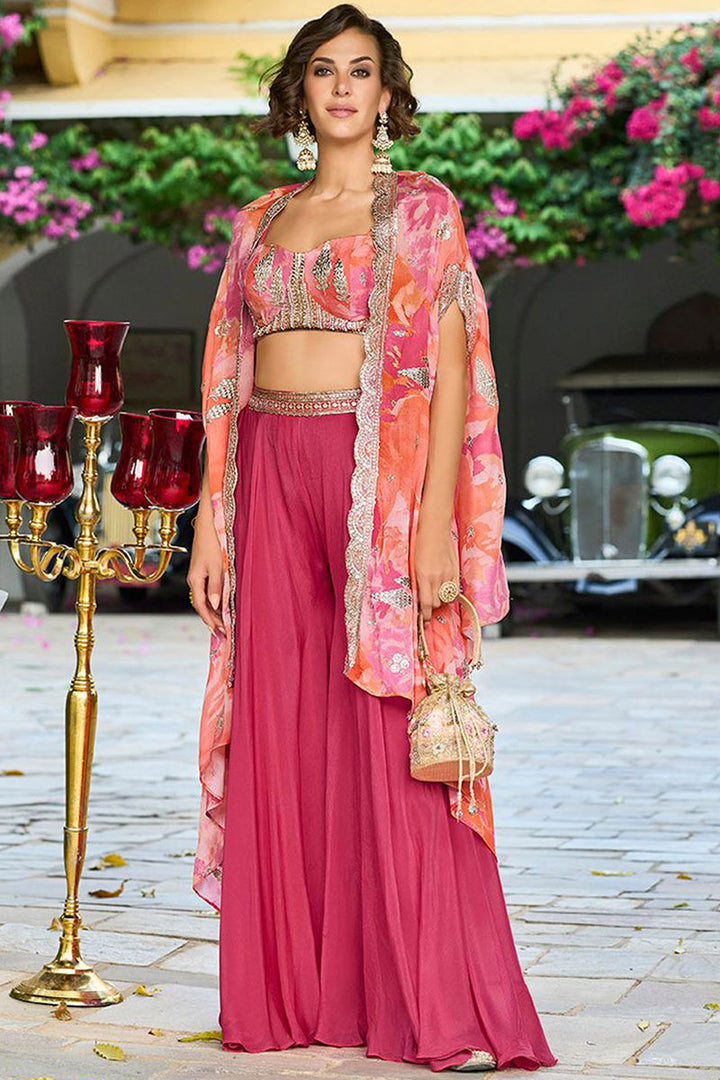 Pink Chinon Chiffon Embroidered Top with Skirt & Shrug