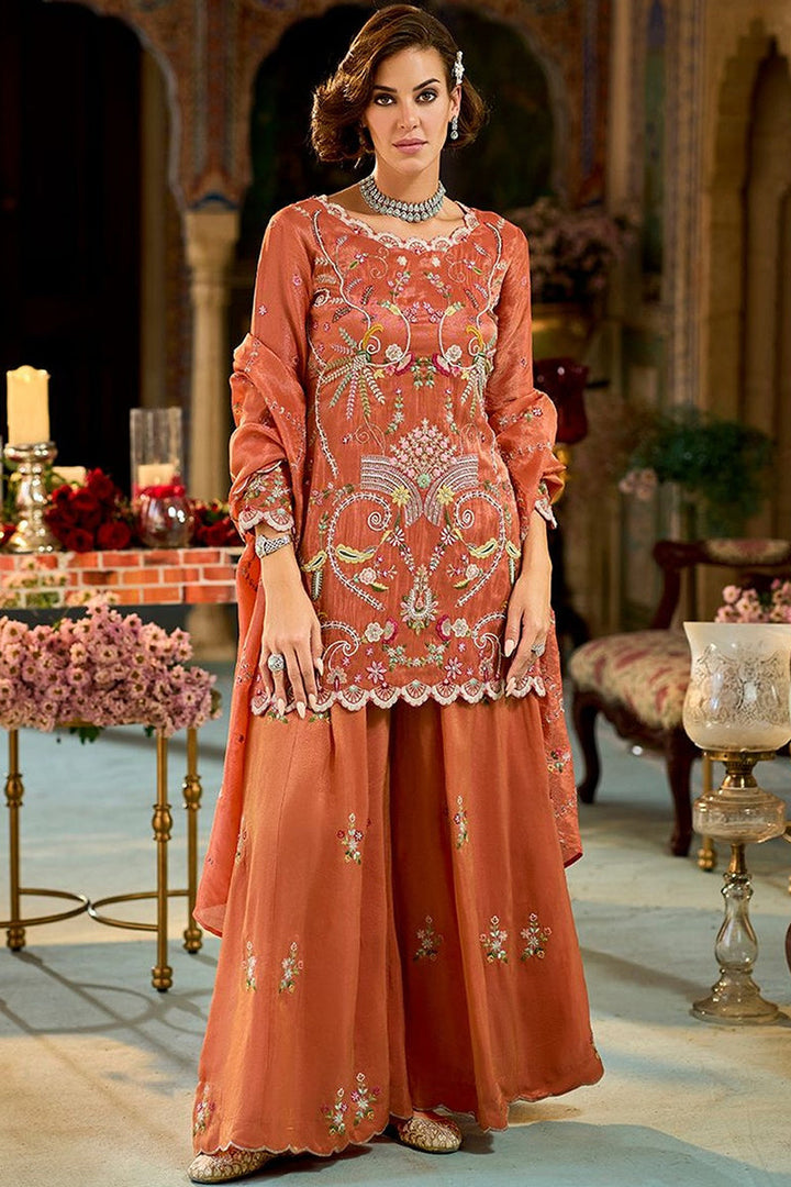 Orange Solid Embroidered Straight Kurta Palaazo with Dupatta