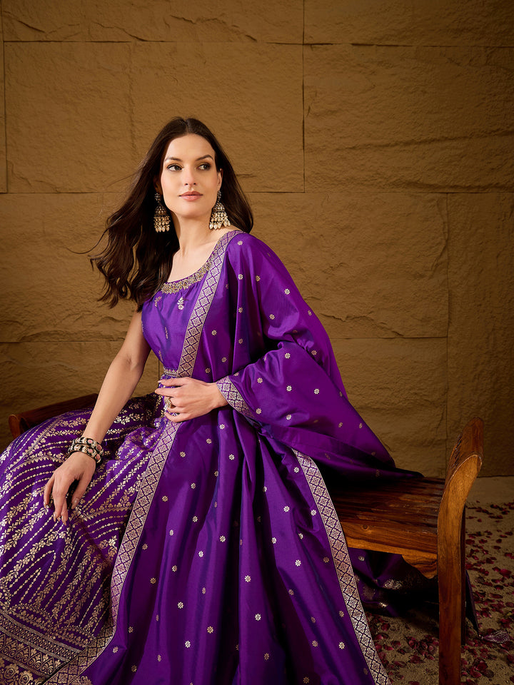 Purple Silk Blend Solid Woven Design Anarkali Kurta Trousers With Dupatta