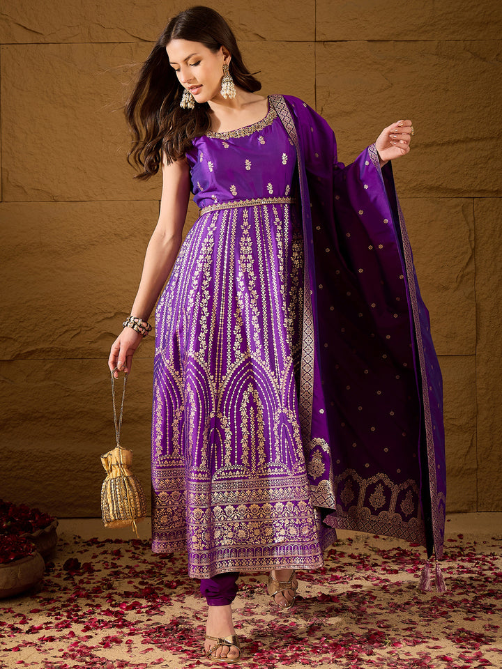 Purple Silk Blend Solid Woven Design Anarkali Kurta Trousers With Dupatta