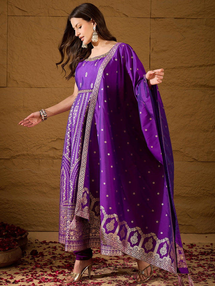 Purple Silk Blend Solid Woven Design Anarkali Kurta Trousers With Dupatta