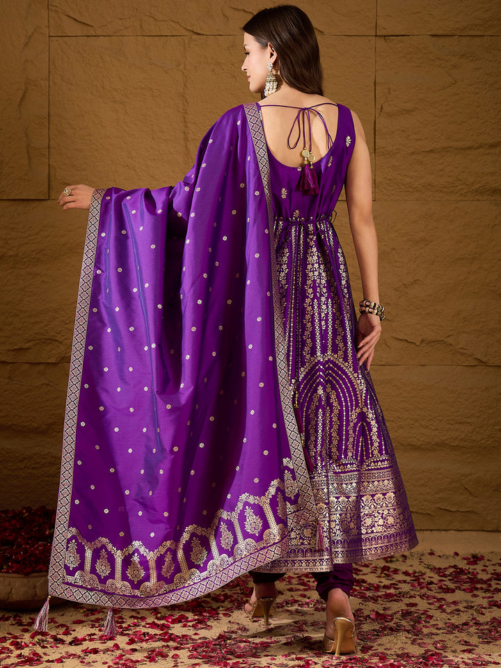 Purple Silk Blend Solid Woven Design Anarkali Kurta Trousers With Dupatta
