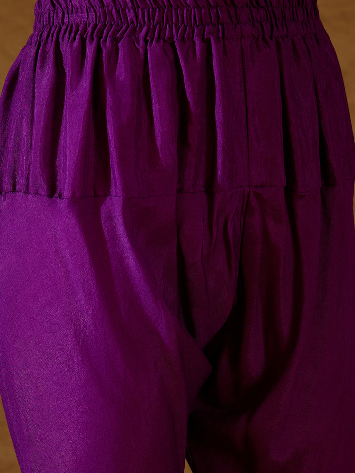 Purple Silk Blend Solid Woven Design Anarkali Kurta Trousers With Dupatta
