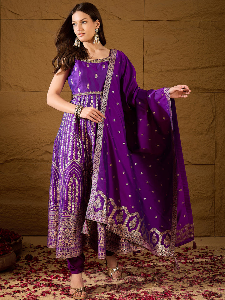 Purple Silk Blend Solid Woven Design Anarkali Kurta Trousers With Dupatta