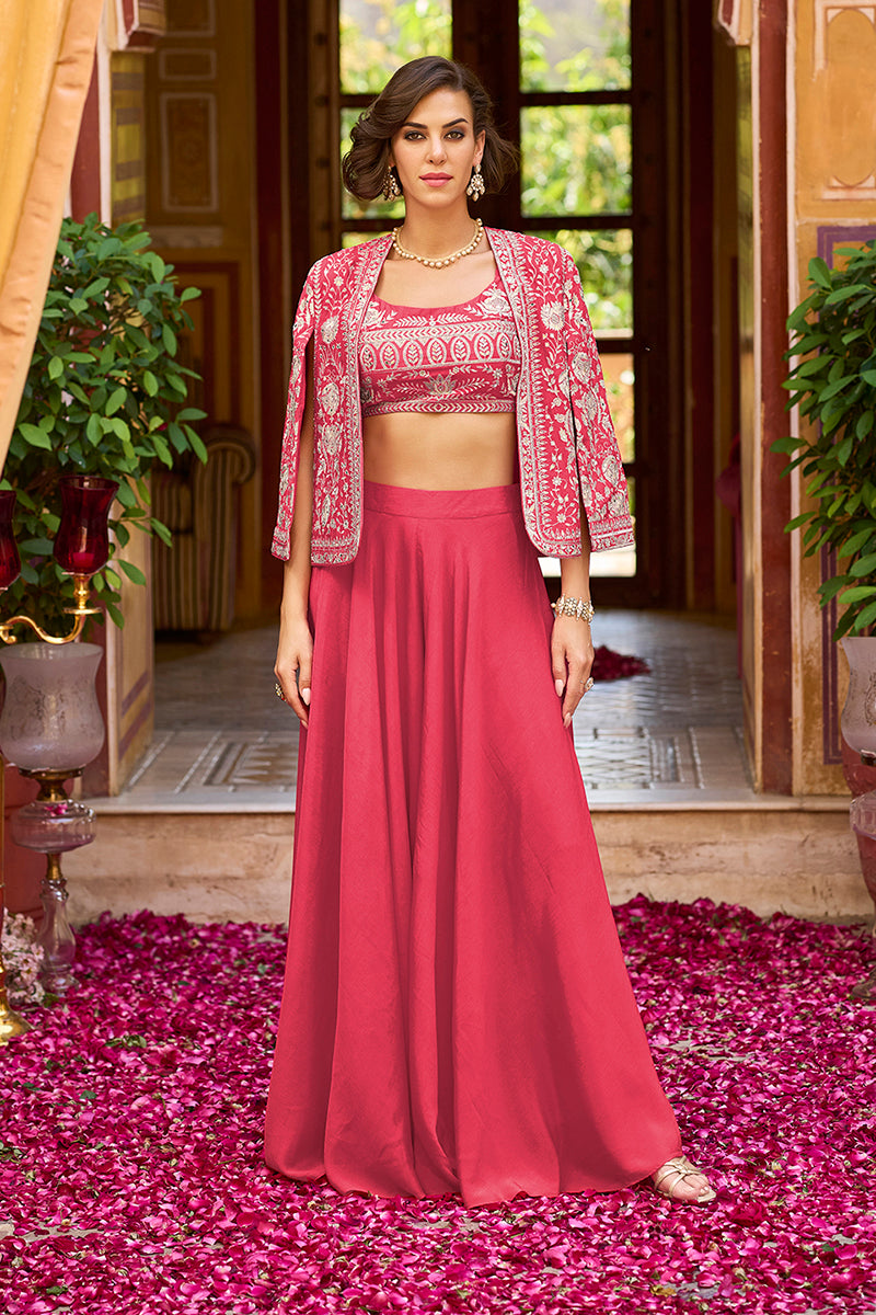 Pink Silk Blend Embroidered Top Palazzos with Shrug Coord Sets