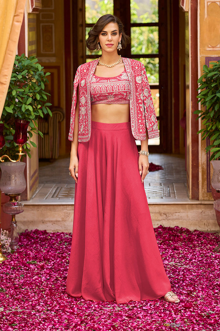 Pink Silk Blend Embroidered Top Palazzos with Shrug Coord Sets