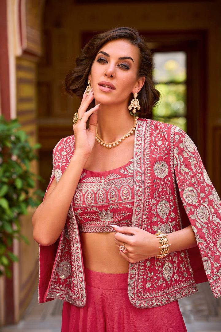 Pink Silk Blend Embroidered Top Palazzos with Shrug Coord Sets