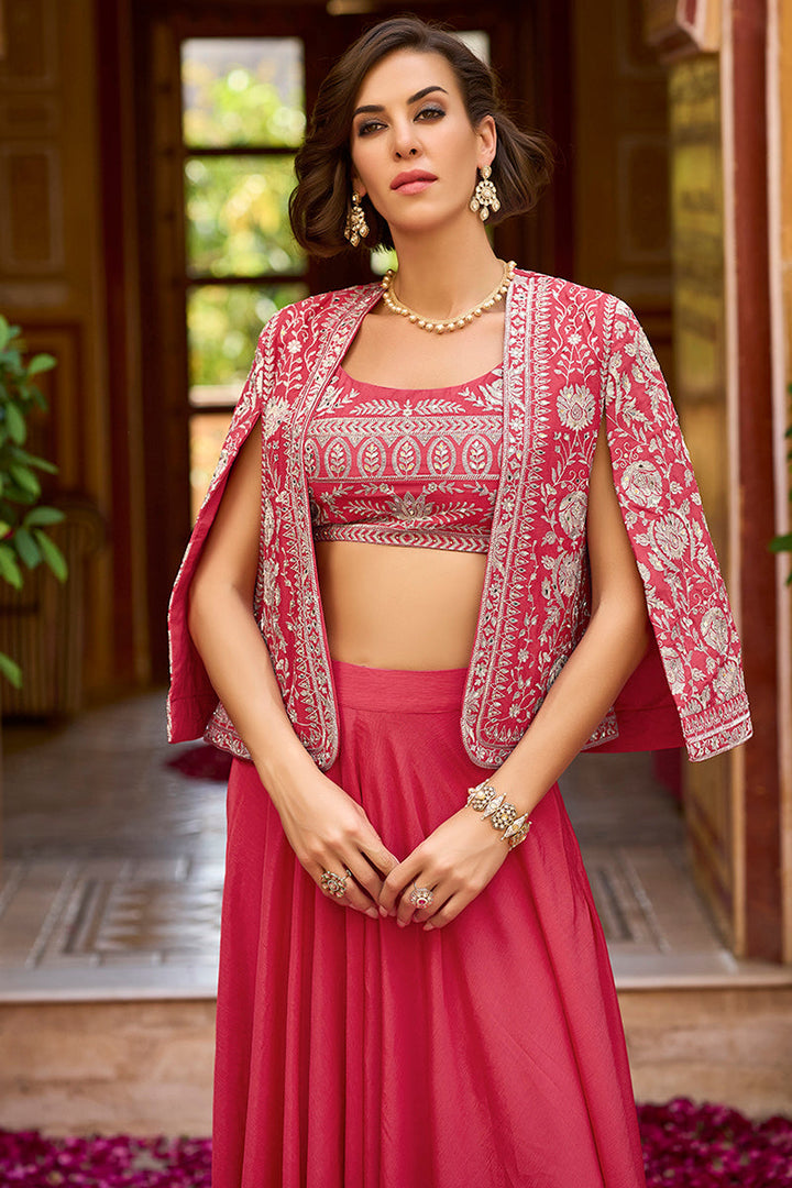 Pink Silk Blend Embroidered Top Palazzos with Shrug Coord Sets