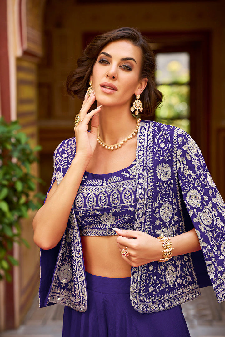Purple Silk Blend Embroidered Top Palazzos with Shrug Coord Sets