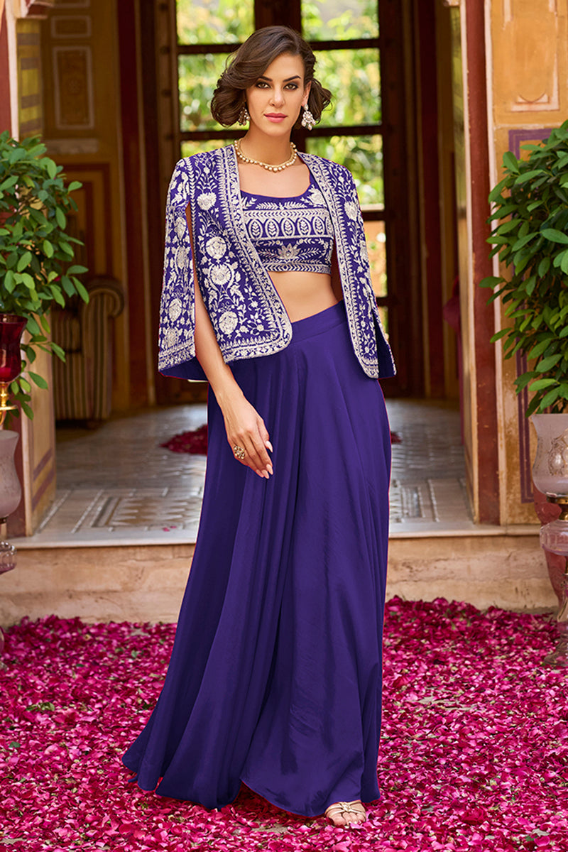 Purple Silk Blend Embroidered Top Palazzos with Shrug Coord Sets