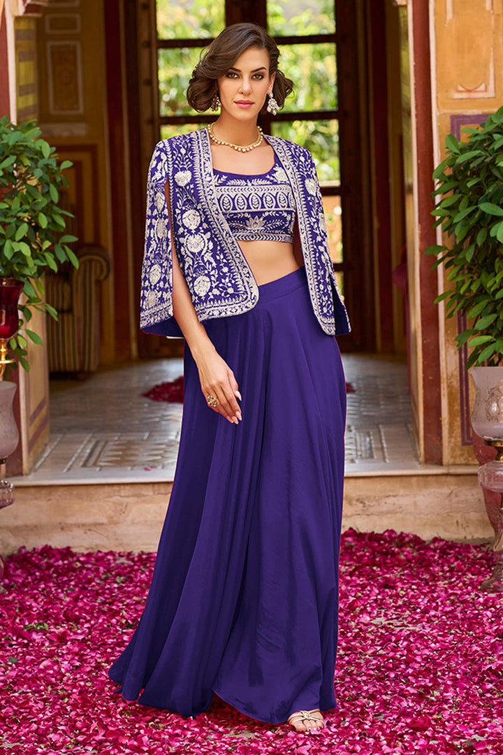 Purple Silk Blend Embroidered Top Palazzos with Shrug Coord Sets