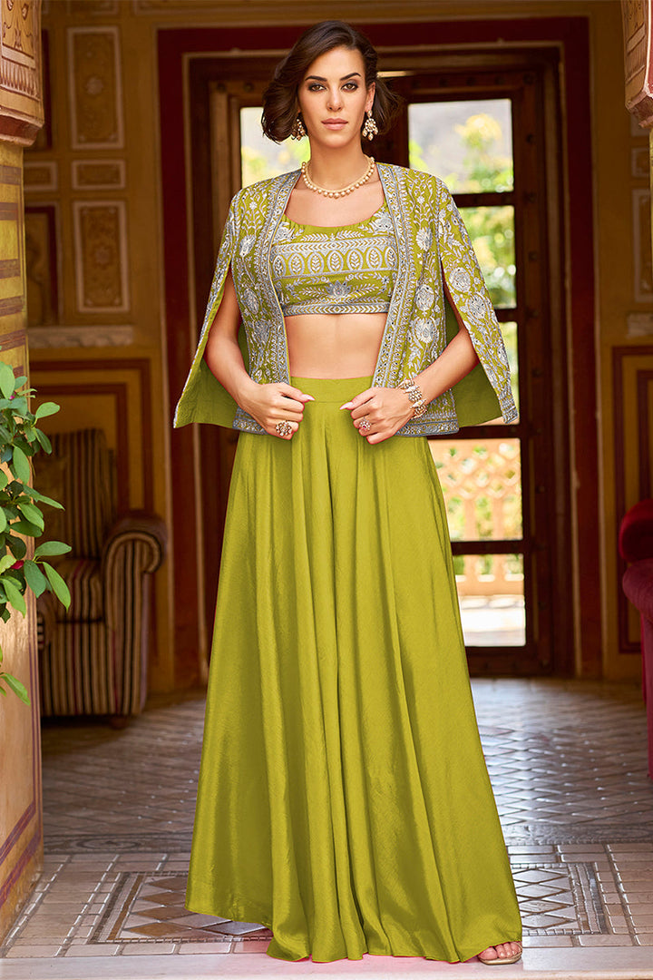 Green Silk Blend Embroidered Top Palazzos with Shrug Coord Sets