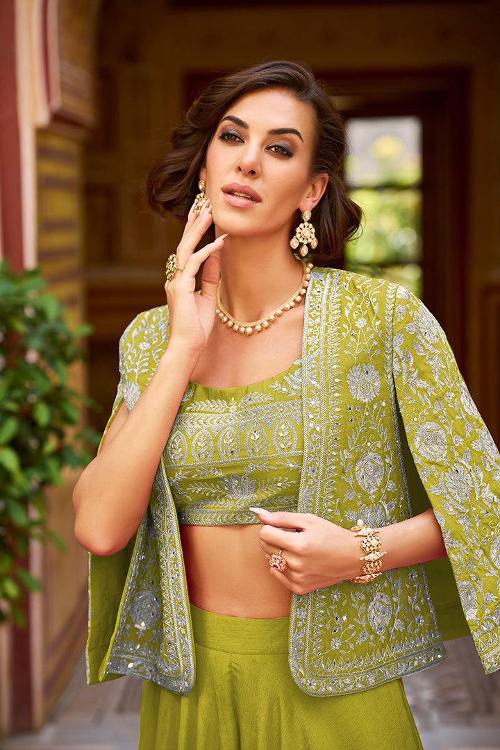 Green Silk Blend Embroidered Top Palazzos with Shrug Coord Sets