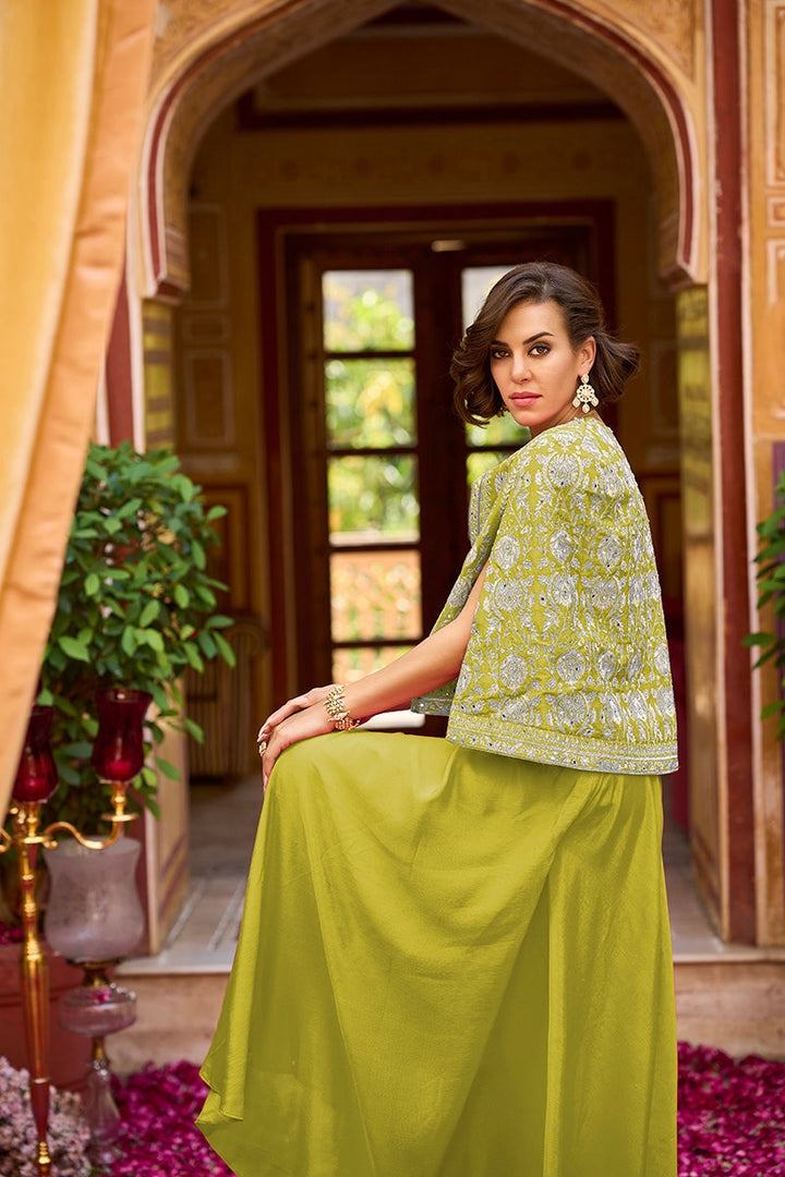 Green Silk Blend Embroidered Top Palazzos with Shrug Coord Sets