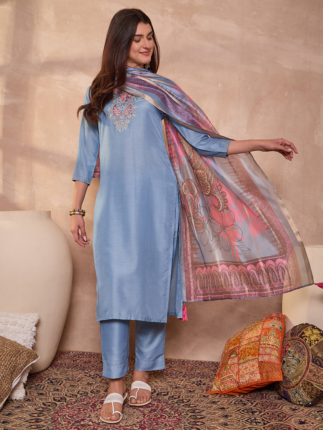 Blue Rayon Blend Solid Embroidered Straight Kurta Trouser With Dupatta