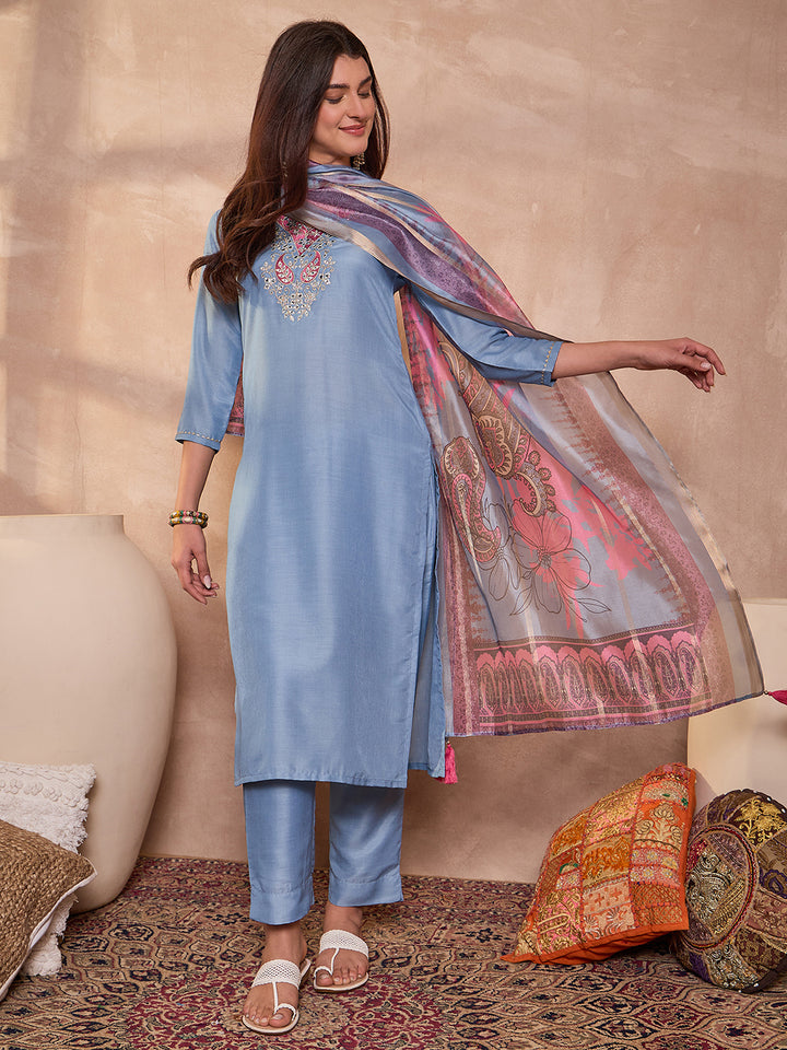Blue Rayon Blend Solid Embroidered Straight Kurta Trouser With Dupatta