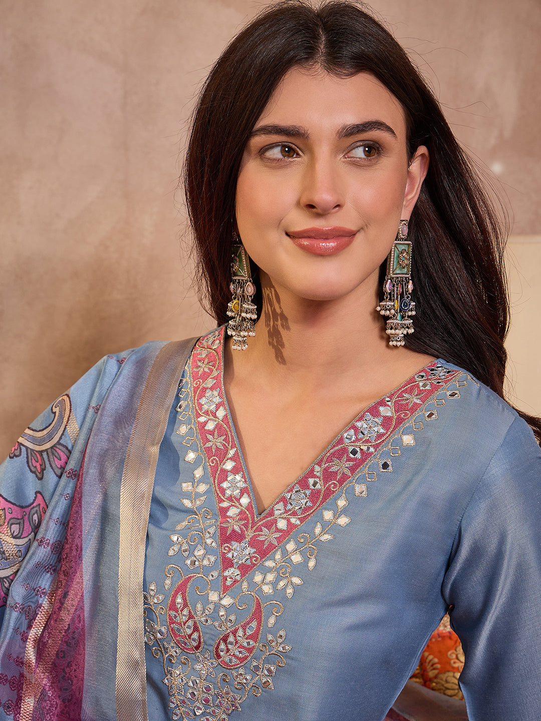 Blue Rayon Blend Solid Embroidered Straight Kurta Trouser With Dupatta