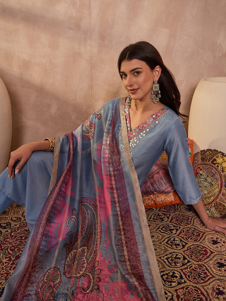 Blue Rayon Blend Solid Embroidered Straight Kurta Trouser With Dupatta