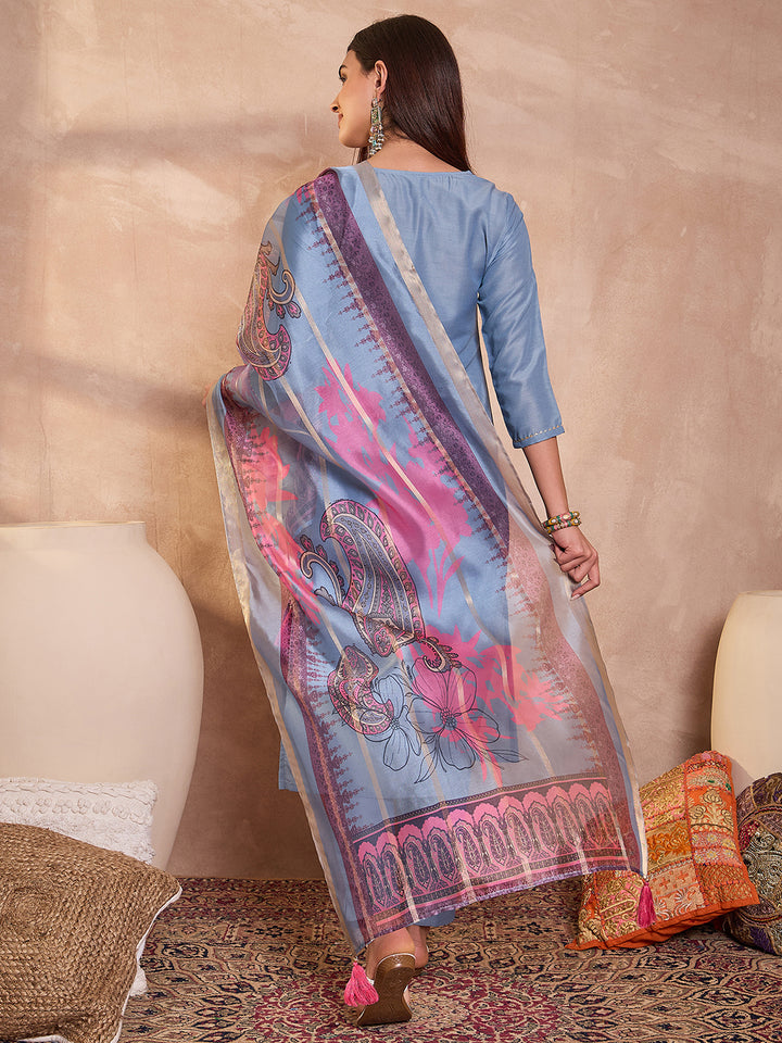 Blue Rayon Blend Solid Embroidered Straight Kurta Trouser With Dupatta