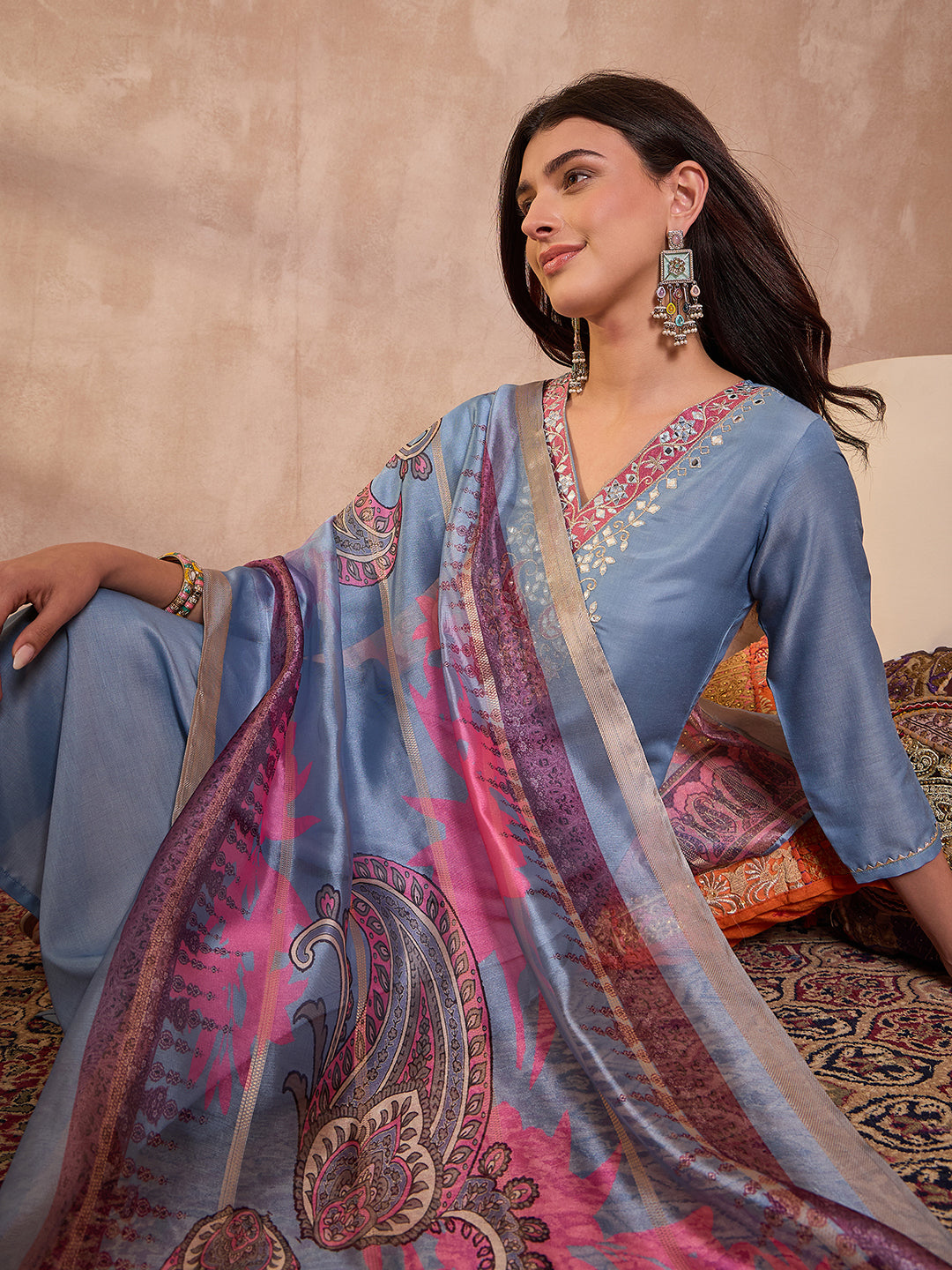 Blue Rayon Blend Solid Embroidered Straight Kurta Trouser With Dupatta