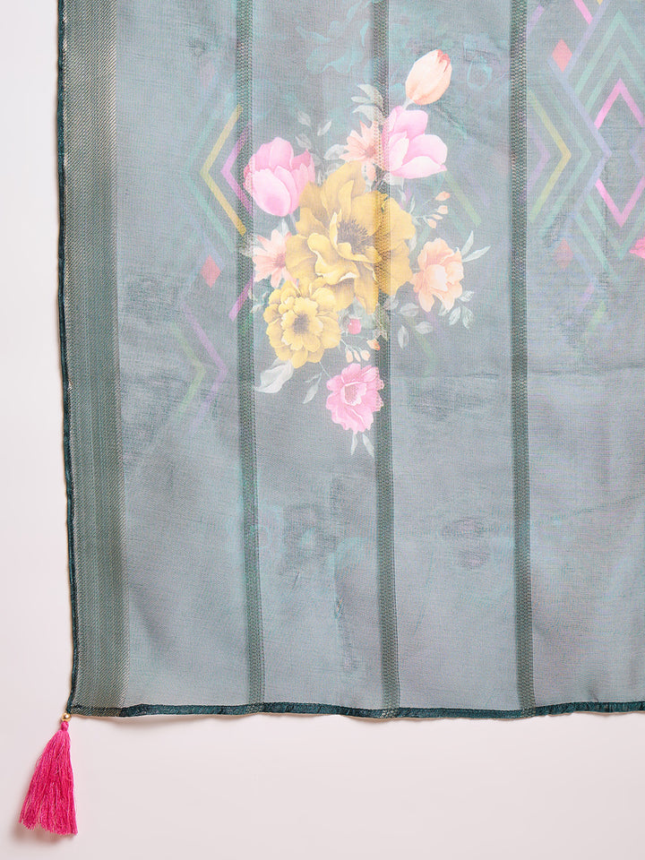 Green Silk Blend Solid Embroidered Straight Kurta Trouser With Dupatta