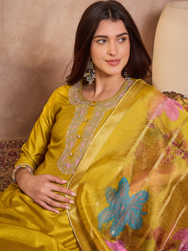 Yellow Silk Blend Solid Embroidered Straight Kurta Trouser With Dupatta