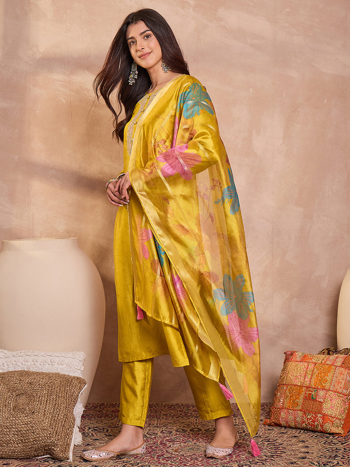 Yellow Silk Blend Solid Embroidered Straight Kurta Trouser With Dupatta