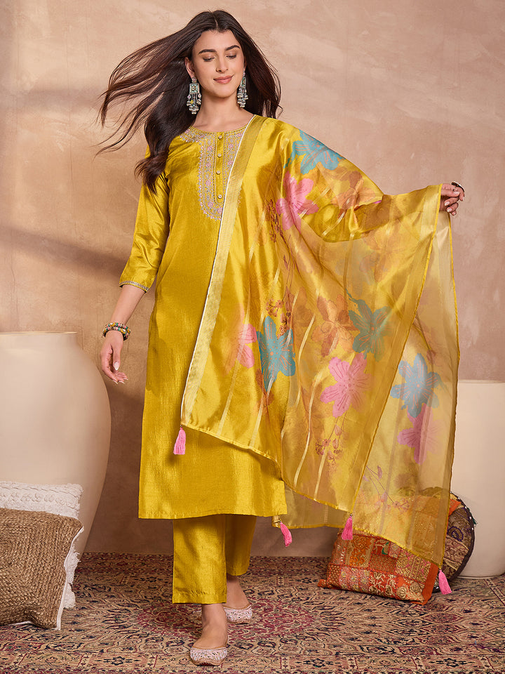 Yellow Silk Blend Solid Embroidered Straight Kurta Trouser With Dupatta
