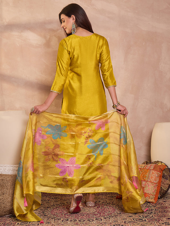 Yellow Silk Blend Solid Embroidered Straight Kurta Trouser With Dupatta