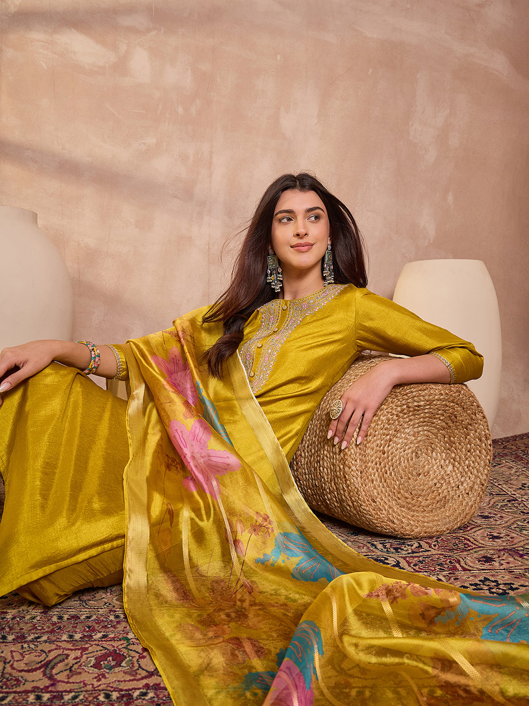 Yellow Silk Blend Solid Embroidered Straight Kurta Trouser With Dupatta