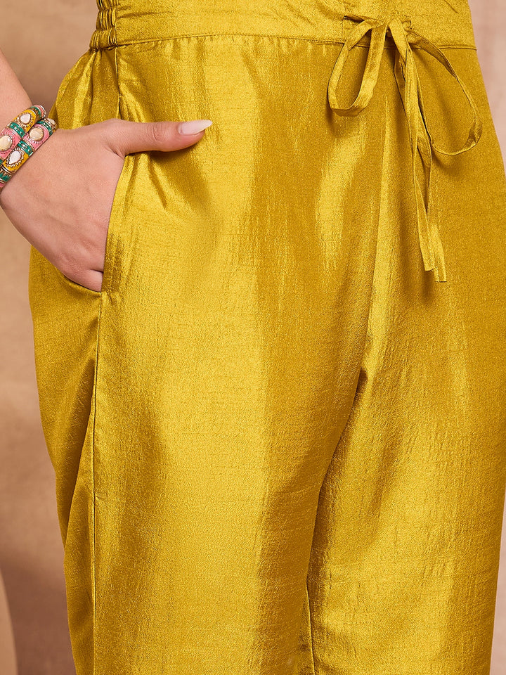Yellow Silk Blend Solid Embroidered Straight Kurta Trouser With Dupatta