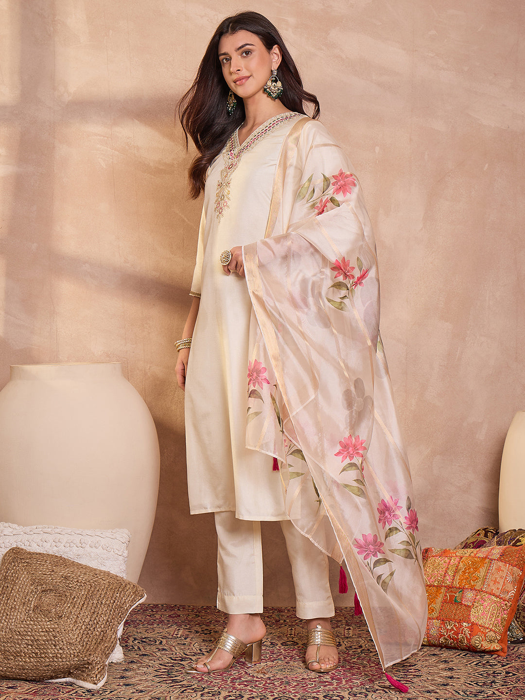 Off White Silk Blend Solid Embroidered Straight Kurta Trouser With Dupatta