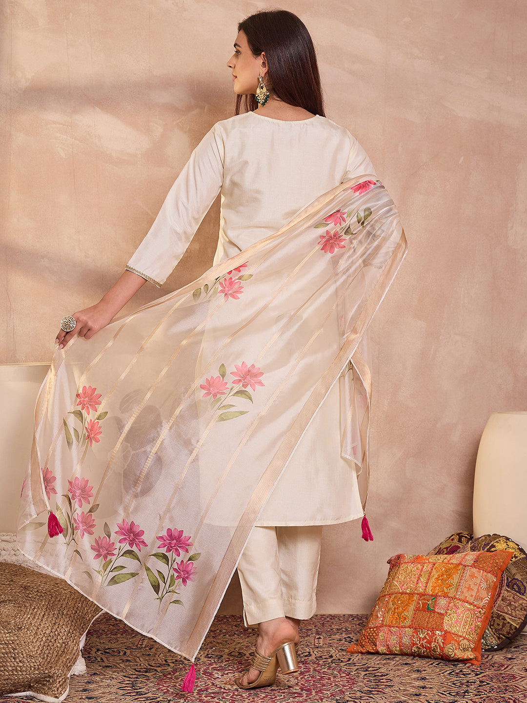 Off White Silk Blend Solid Embroidered Straight Kurta Trouser With Dupatta