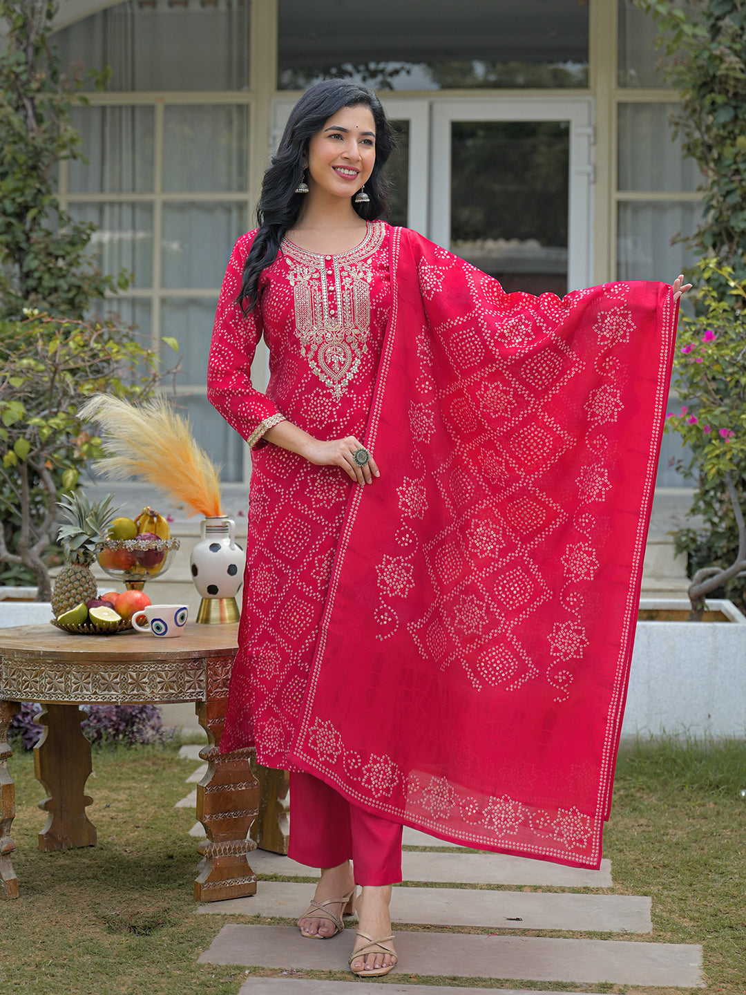 Red Silk Blend Bandhani Embroidered Straight 3-Piece Kurta Set