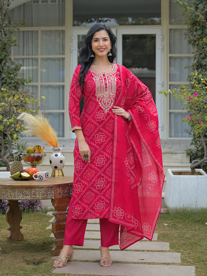 Red Silk Blend Bandhani Embroidered Straight 3-Piece Kurta Set
